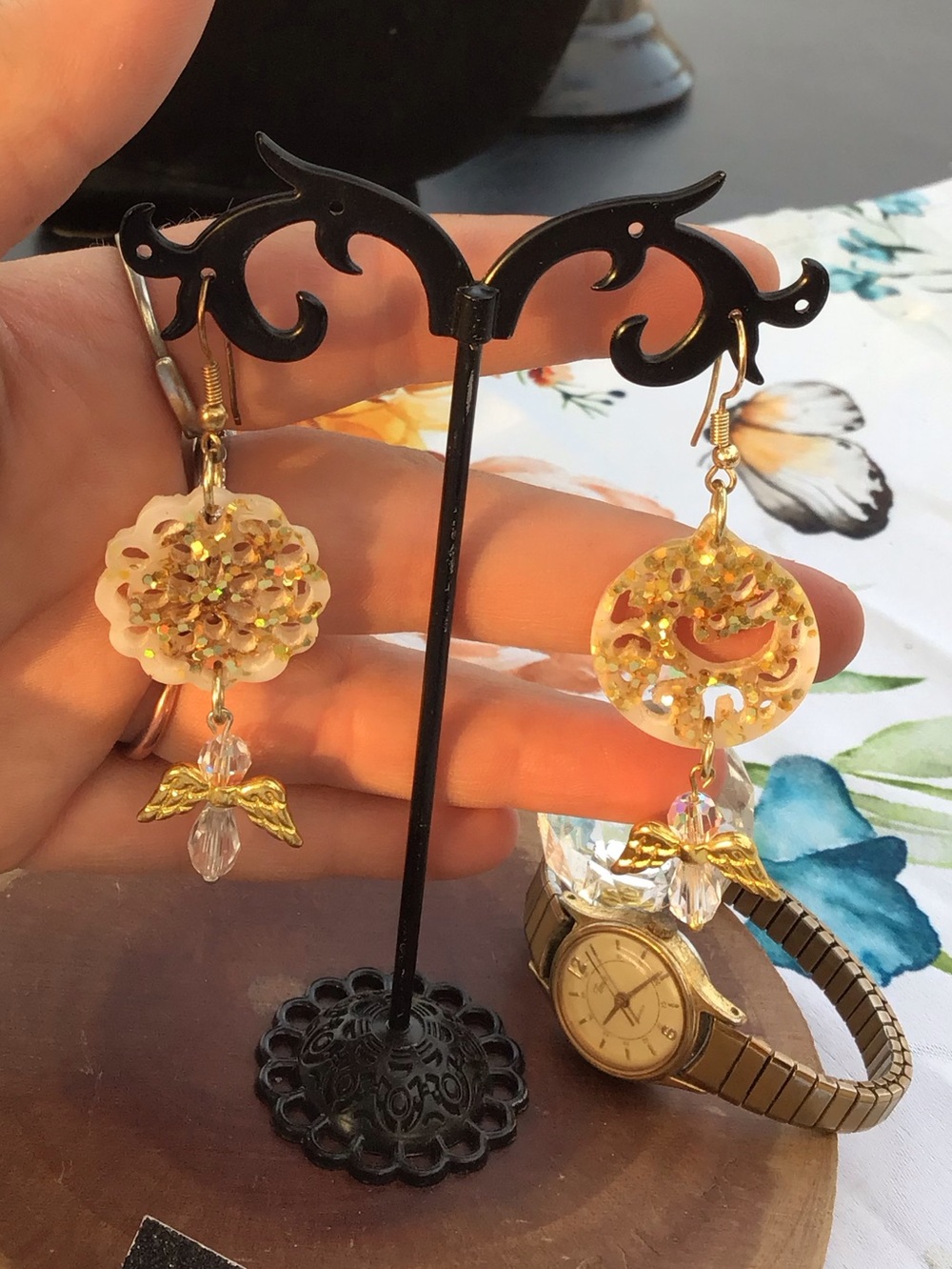 Resin Gold and White Cut Out Dangling Angel Drop Earrings